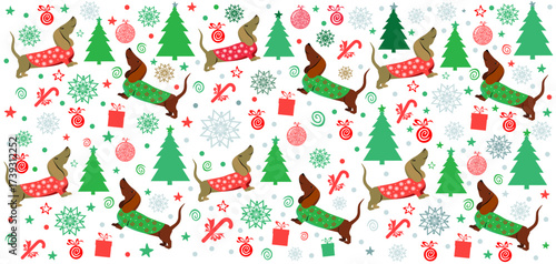 Cute dachshund  dog in winter costume seamless pattern. White Christmas holidays background. Good for textile fabric design, wrapping paper, website wallpapers, textile, wallpaper and apparel. Vector 
