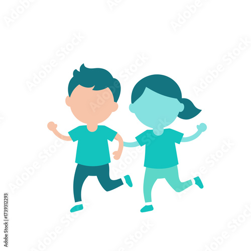 Two cartoon children in teal outfits running together happily