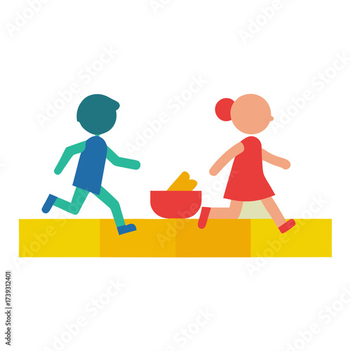 Children running towards a bowl of snacks on a yellow platform