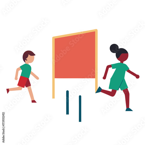 Children competing in a race towards a finish line banner