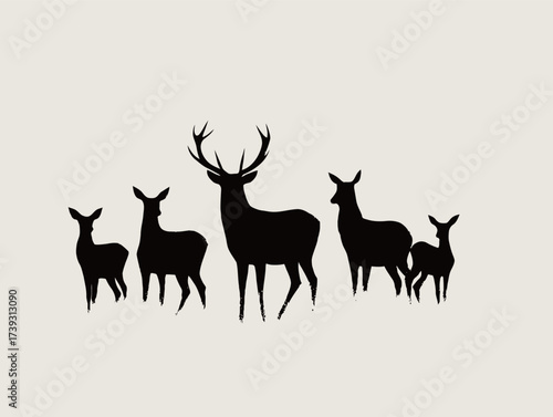 A group of five deer silhouettes stands together in a calm setting, showcasing their distinct shapes against a light background during the evening.