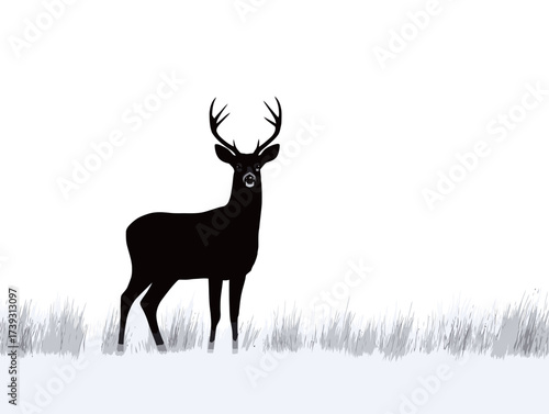 A striking black silhouette of a deer stands in a snowy field. The background is white, highlighting the deers form against the winter scenery.
