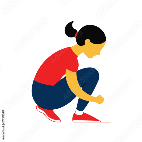 Stylized person crouching down tying shoes on a black background