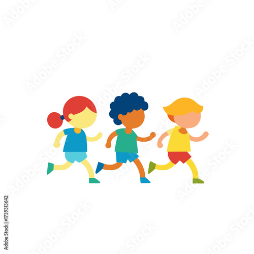 Diverse group of cartoon children running together in a race or playful activity