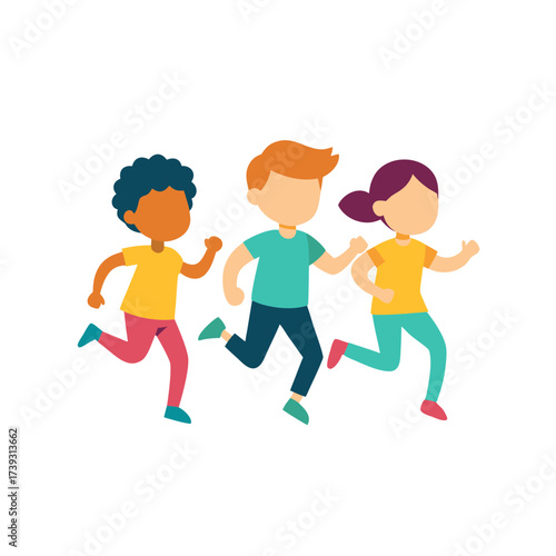 Diverse group of cartoon children running together happily outdoors