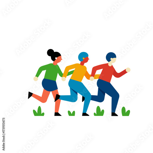 Diverse group of people running together outdoors in a stylized flat design
