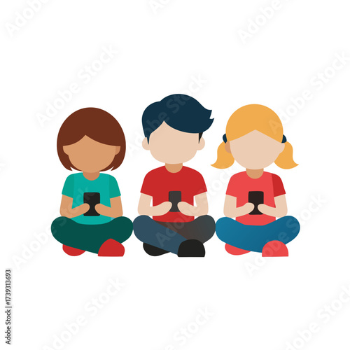 Three diverse children engrossed in their smartphones while sitting cross legged