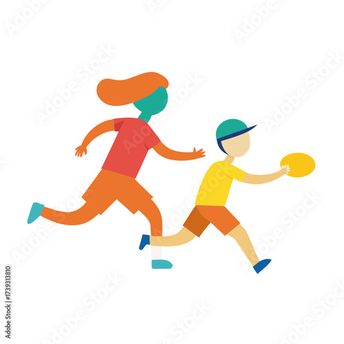 Two stylized people running and playing frisbee on a black background
