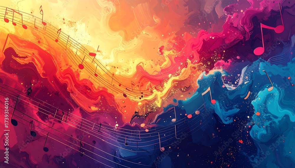 Obraz premium An abstract artwork depicting musical notes flowing through colorful, swirling clouds of vibrant hues. The atmosphere is dynamic, joyful, and expressive