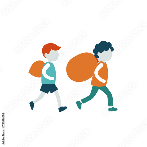Two cartoon children with orange backpacks walking side by side