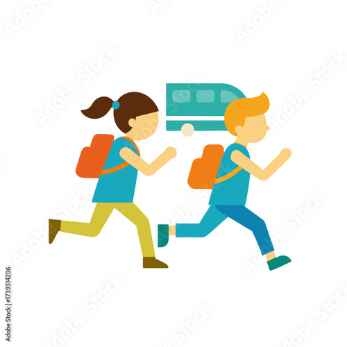 Children with backpacks running to catch a bus for school or travel