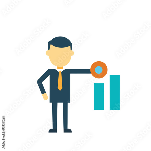 Businessman presenting a financial chart with a circular pointer and bar graph elements