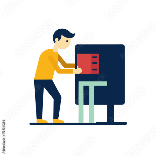 Man interacting with a futuristic kiosk or information terminal with a red panel