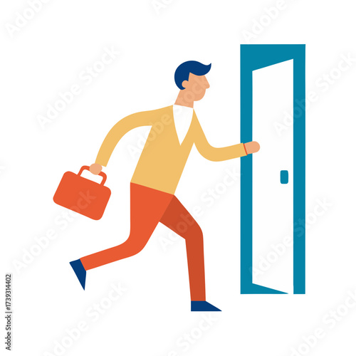 Businessman rushing through an open door with a briefcase in hand