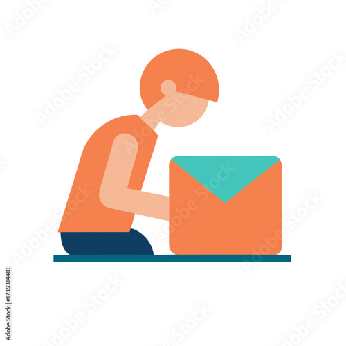 Person kneeling and opening a package with a teal flap and orange body