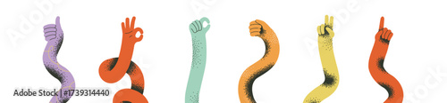 Set of flexible cartoons making gestures with index finger, pointing, victory, fist and OK icon. Retro cartoon illustration in factory style.