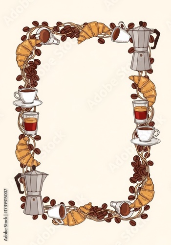 Round christmas frame with a cup of coffee and coffee beans illustration for a festive holiday card template