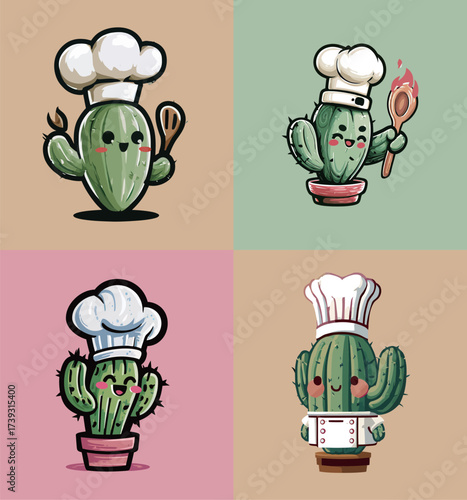 Four adorable cactus chef characters are shown, each with unique cooking utensils. The colors are bright and cheerful, creating a fun, inviting atmosphere.