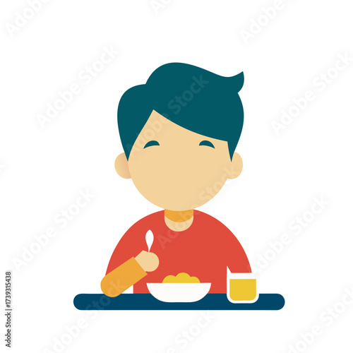 Happy child enjoying a delicious bowl of cereal and juice for breakfast