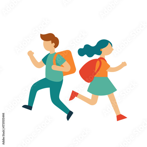 Energetic children with backpacks running together on a black background