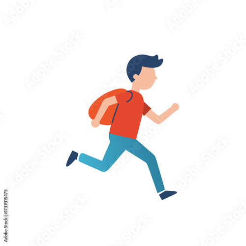 Young boy running with backpack illustration on a black background