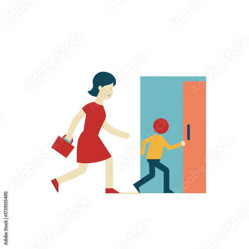 Mother and child walking through a doorway together with a sense of urgency