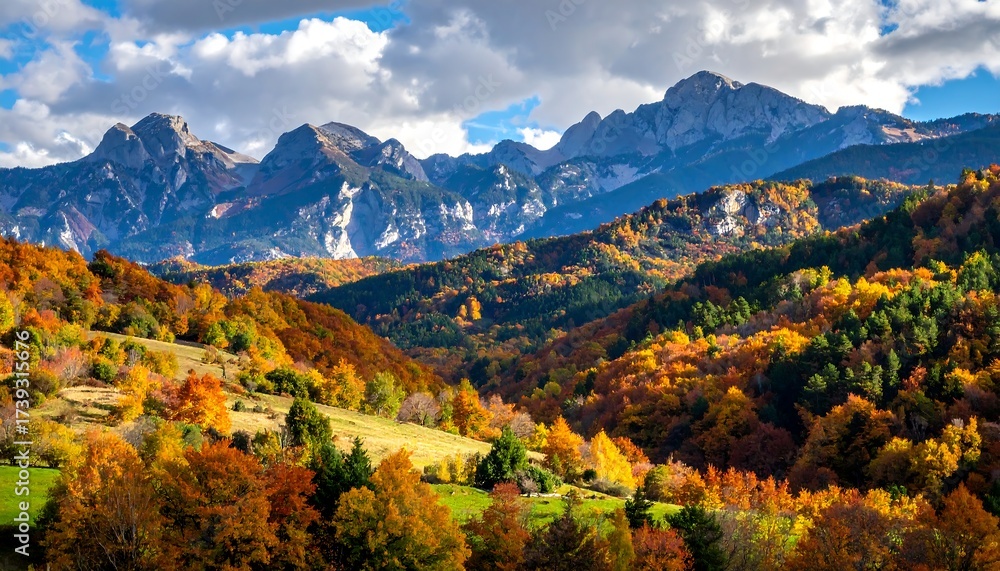 Fototapeta premium Stunning autumnal landscape with vibrant trees and distant mountain peaks