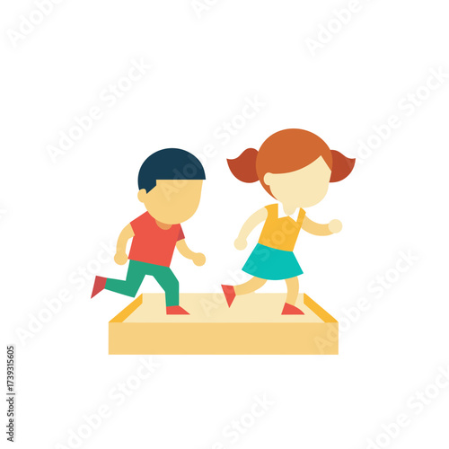 Two cartoon children running up steps together in a playful energetic motion