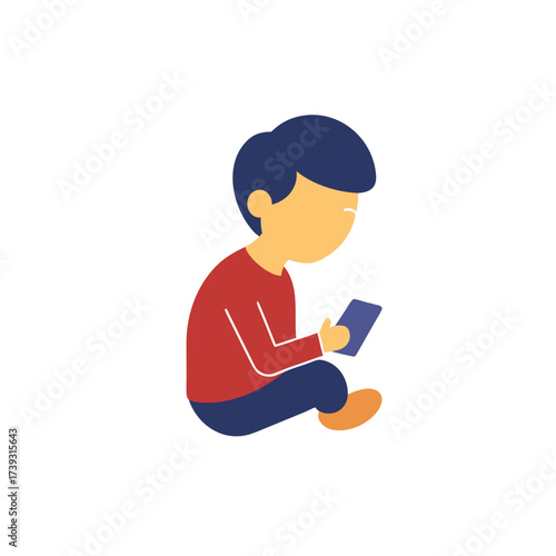Child sitting down engrossed in a mobile phone screen