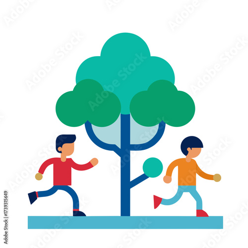 Two stylized people running playfully around a vibrant green tree in a park setting