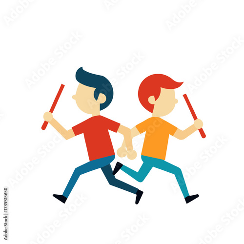 Two cartoon boys running together holding magic wands on a black background