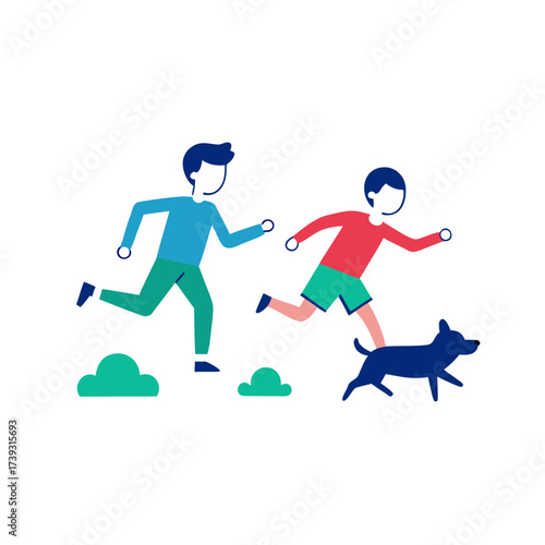 Two boys and a dog running together in a playful outdoor scene