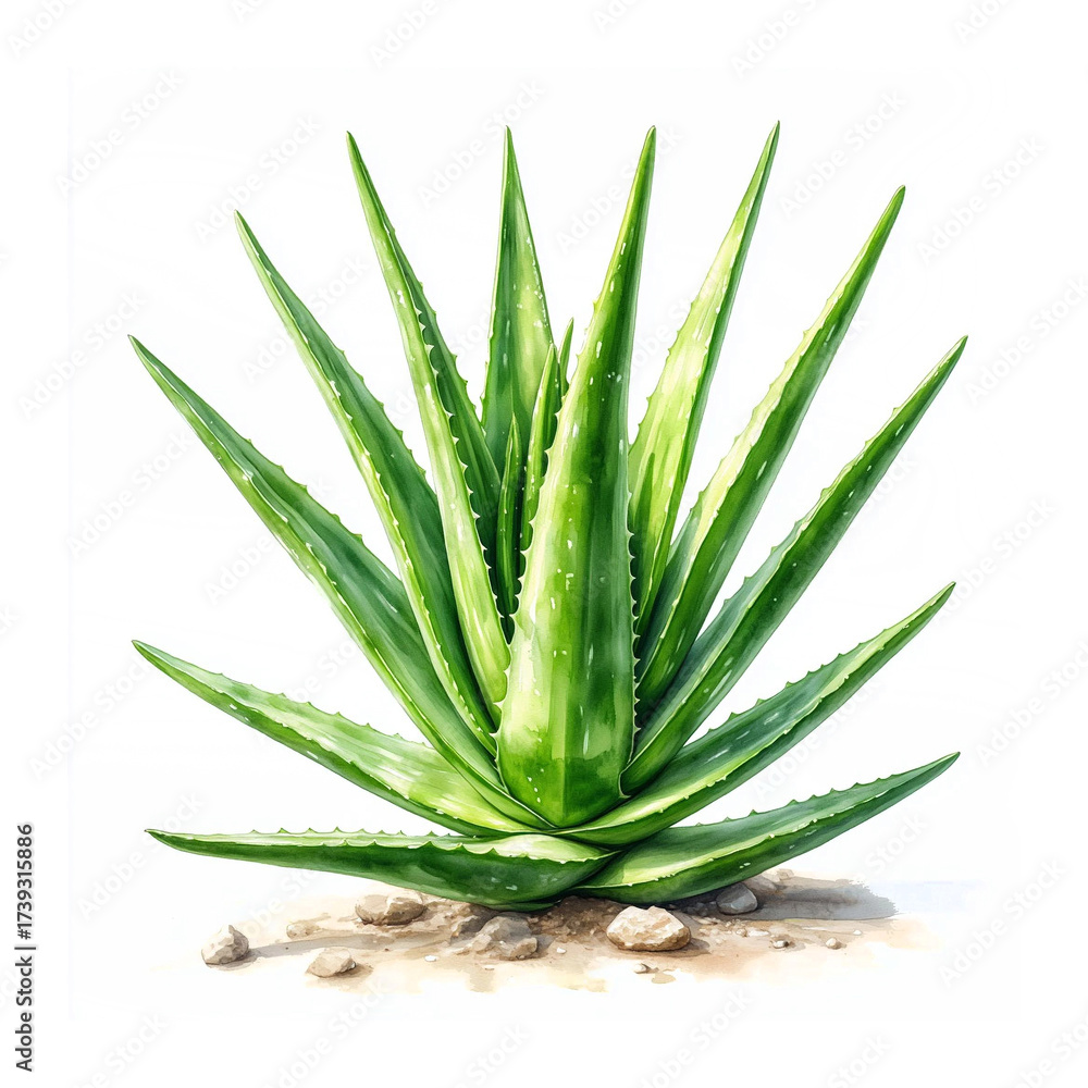 Fototapeta premium An aloe bush with green fleshy leaves. Watercolor digital illustration. Medicinal and cosmetic plant isolated on a white background. The concept of body and skin care.
