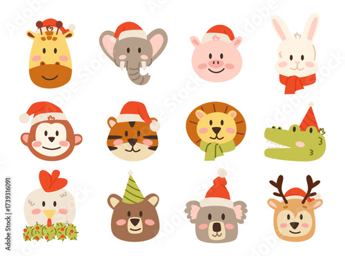 Cute Christmas Animals Set with Holiday Elements.