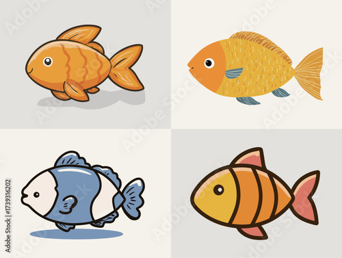 Four cartoon fish of various colors and styles swim in a cheerful underwater environment. Each fish displays its unique features and personality.