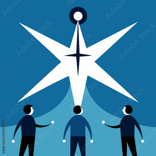 Figures Looking Up Toward Compass Guiding Star