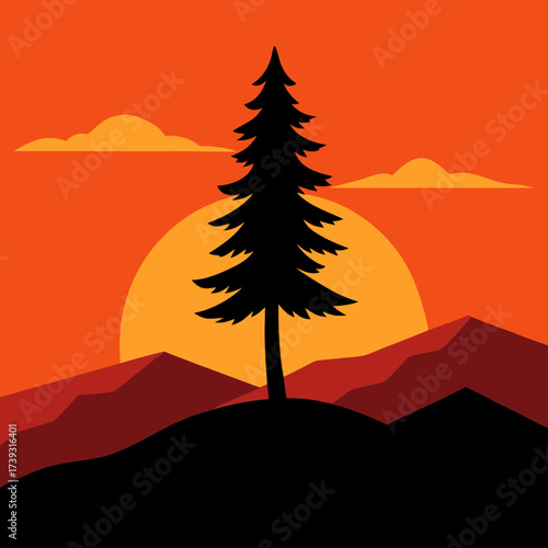 Solitary Pine Tree Silhouette On Small Hill