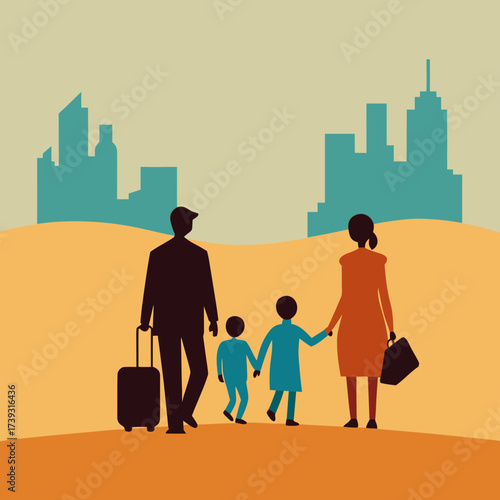 Family With Luggage Walking Across Open Plain