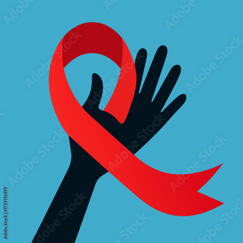 Single Hand Reaching To Embrace Red Ribbon