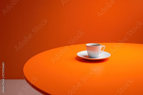 A minimalist setup with a white coffee cup on a saucer, placed on a vibrant orange table