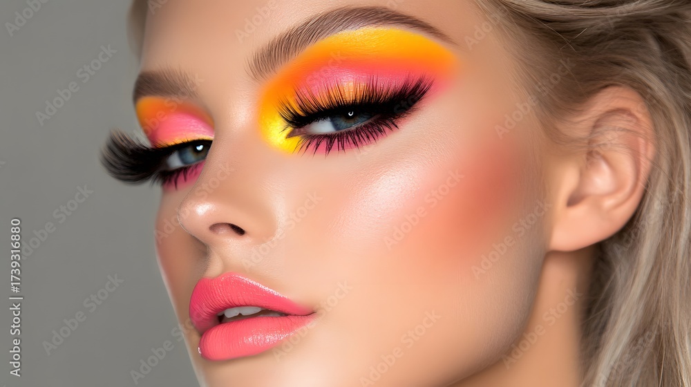 Fototapeta premium Vibrant Yellow Pink Makeup Look Closeup Face