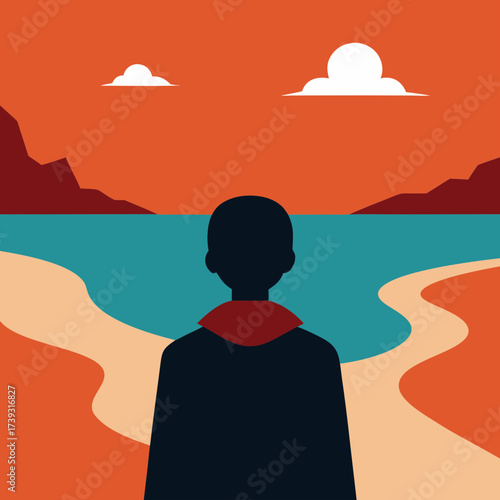 Person Watching Distant Silhouette Faded Horizon View