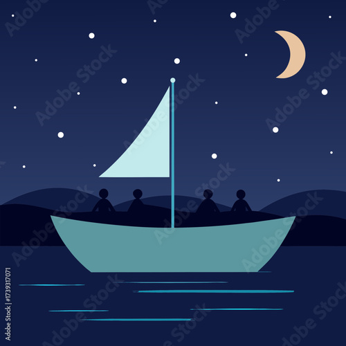 Boat Sailing With People Toward Distant Destination