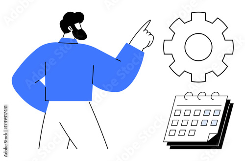 Man pointing at gear and calendar symbols representing planning, workflow management, productivity, organization, and goal setting. Ideal for teamwork, process, decision-making, time management