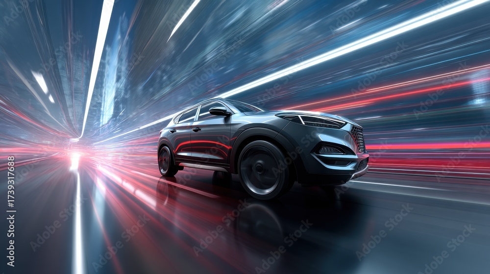 Fototapeta premium Fast-moving car in a futuristic cityscape with glowing lights