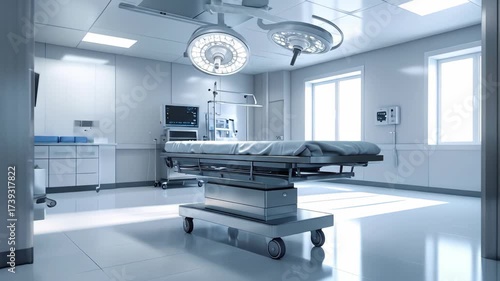 Modern Operating Room Interior with Surgical Lights and Empty Bed Ready for Procedure