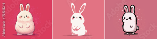 Three adorable cartoon rabbits sit against vibrant pink backgrounds. Each rabbit has distinct features and playful expressions, highlighting their unique charm.