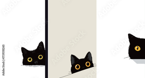 Two black cats with bright yellow eyes peek from different sides of a simple wall. Their curious expressions capture a playful moment in a delightful and whimsical design.