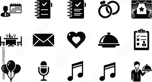 Event planning icon set, black silhouette vector, wedding and catering symbols, entertainment and scheduling graphics, minimal style illustrations