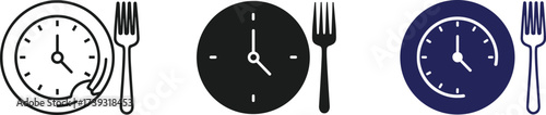 Meal time clock icons with fork, black and blue vector illustration, eating schedule concept, minimal style, dietary planning graphic